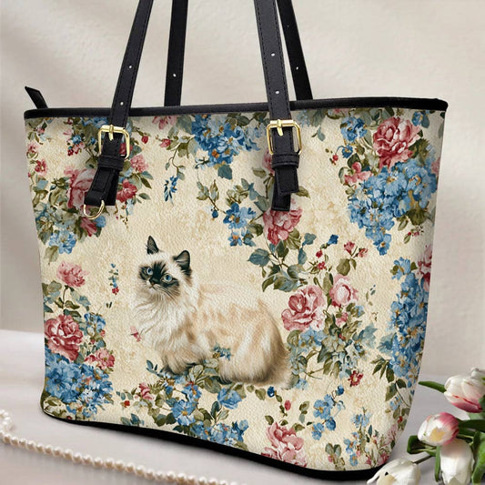 Lorva Cat Leather Tote Bag Vintage Floral Cat