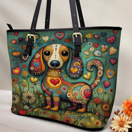 Lorva Whimsical Dachshund Leather Tote Bag Heart & Floral