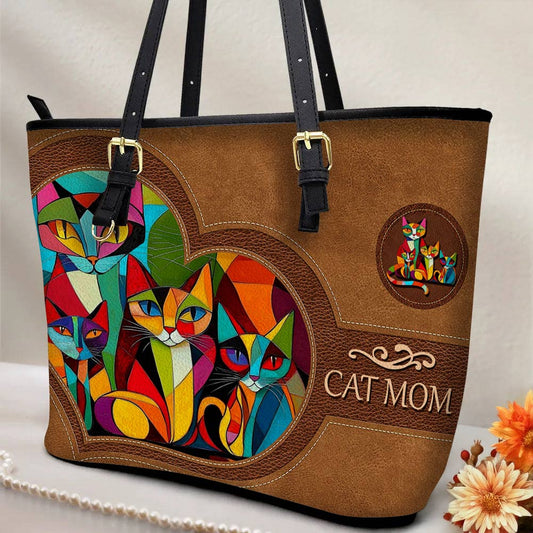 Lorva Leather Tote Bag Colorful Cubism Cat Mom
