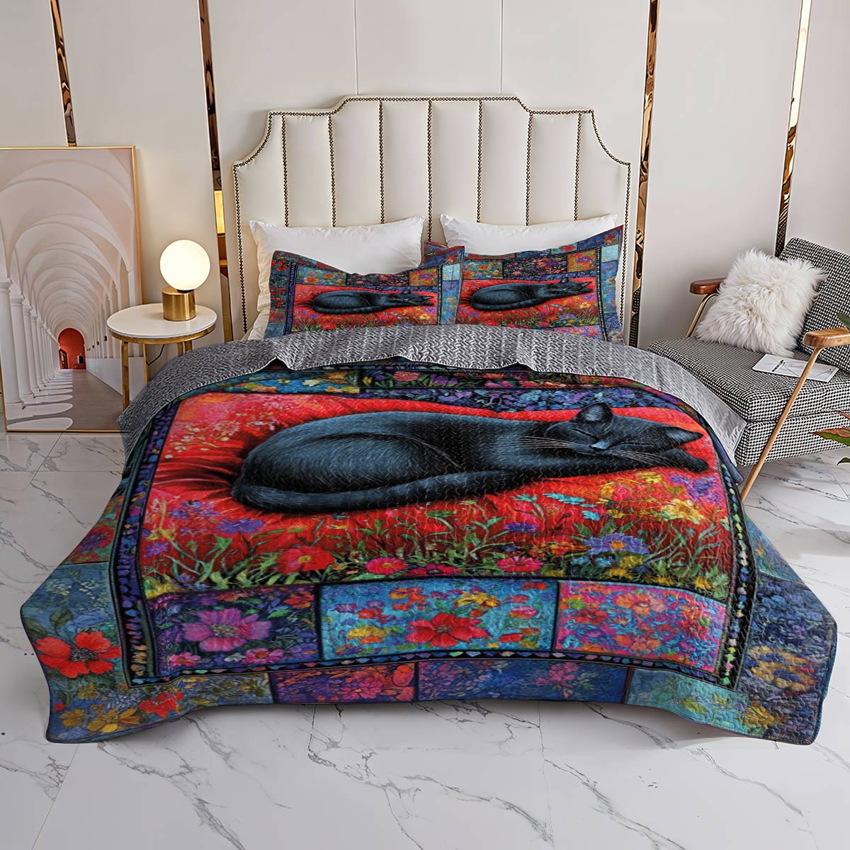 Lorva All Season Quilt 3-Piece Set Mystical Sleeping Black Cat