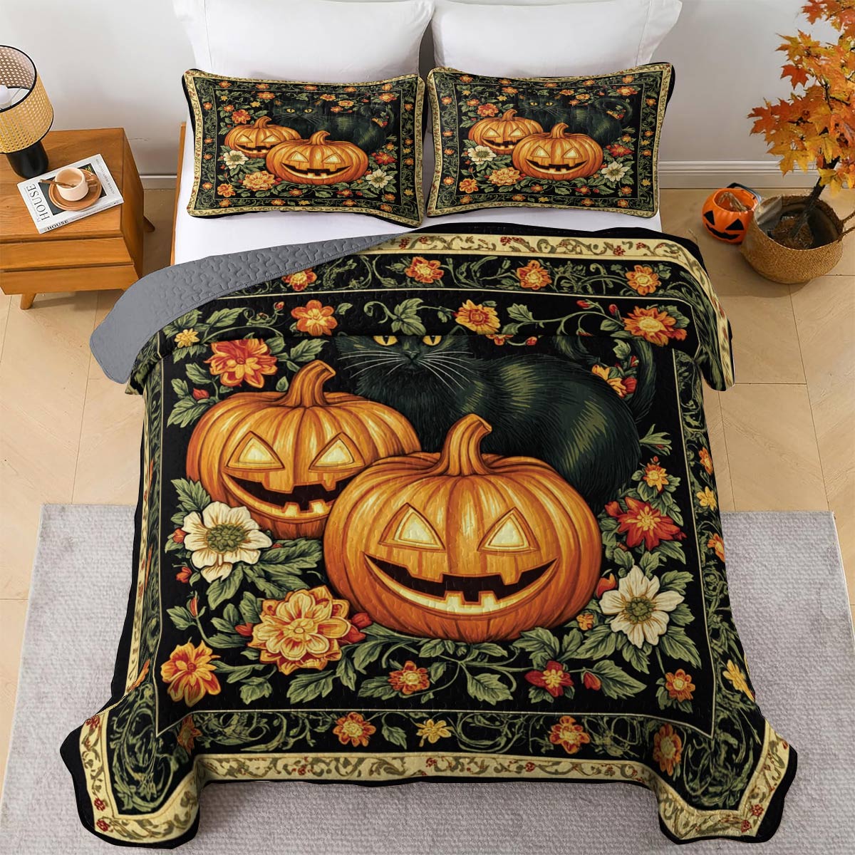 Halloween Lorva All Season Quilt 3-Piece Set Vintage Black Cat Pumpkins