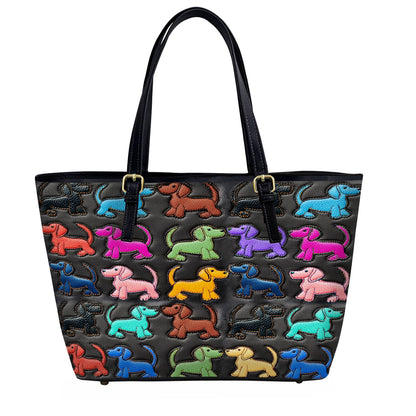 Lorva Dachshund Leather Tote Bag Colorful