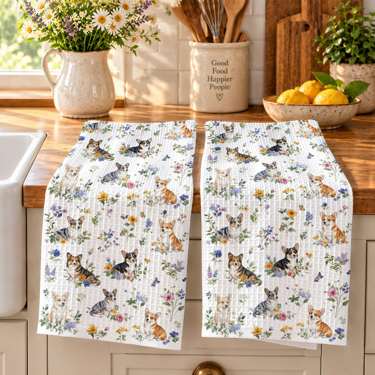 Lorva Corgi Kitchen Towel Sweet Floral