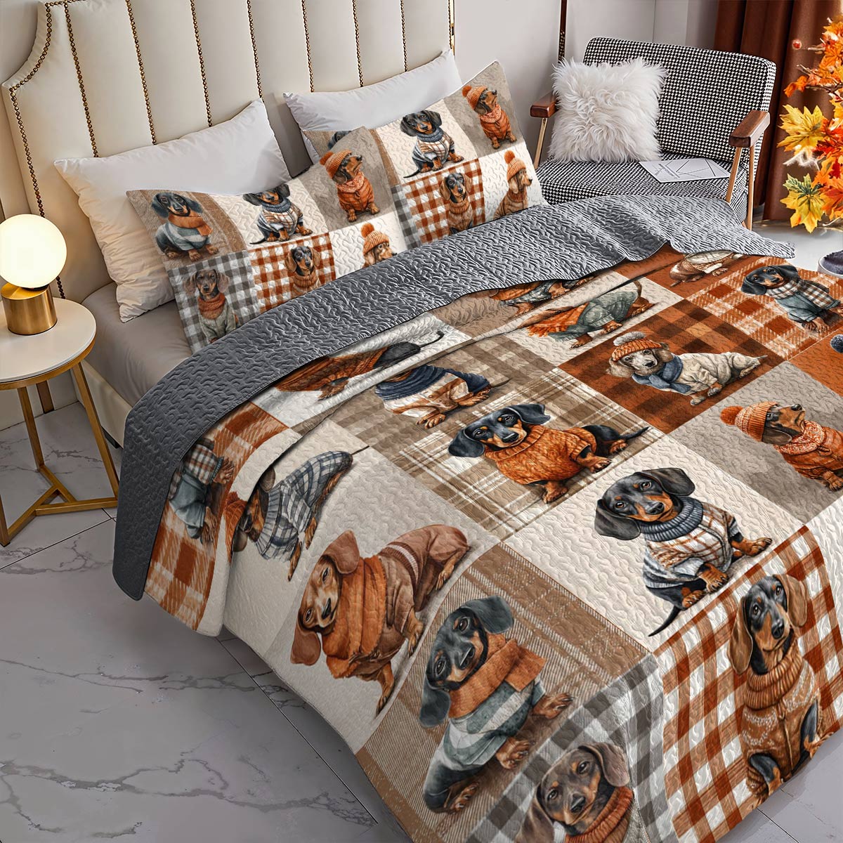 Dachshund Lorva All Season Quilt 3-Piece Set Plaid & Paws