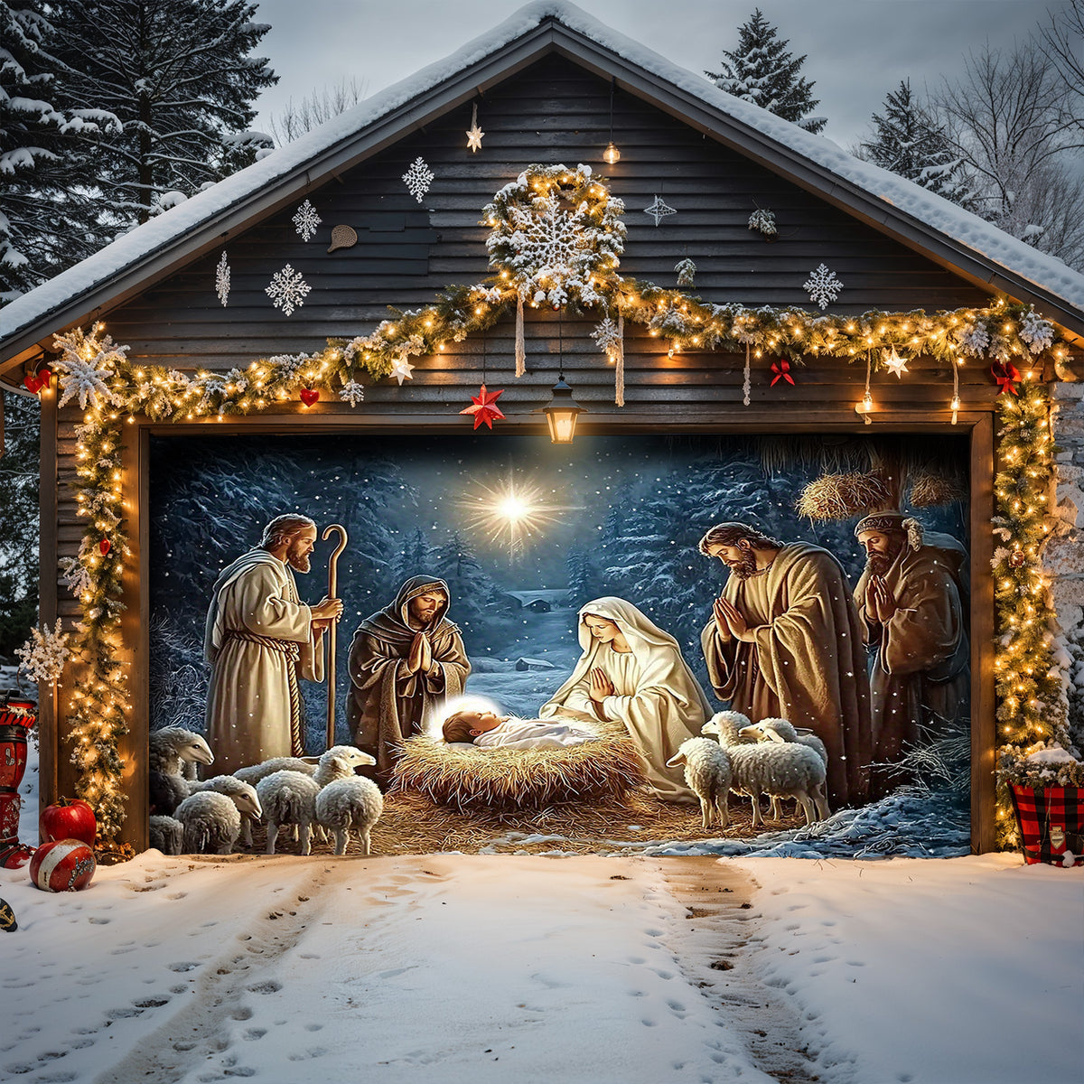Lorva Christmas Garage Door Banner Decoration Faith Love The Nativity Scene