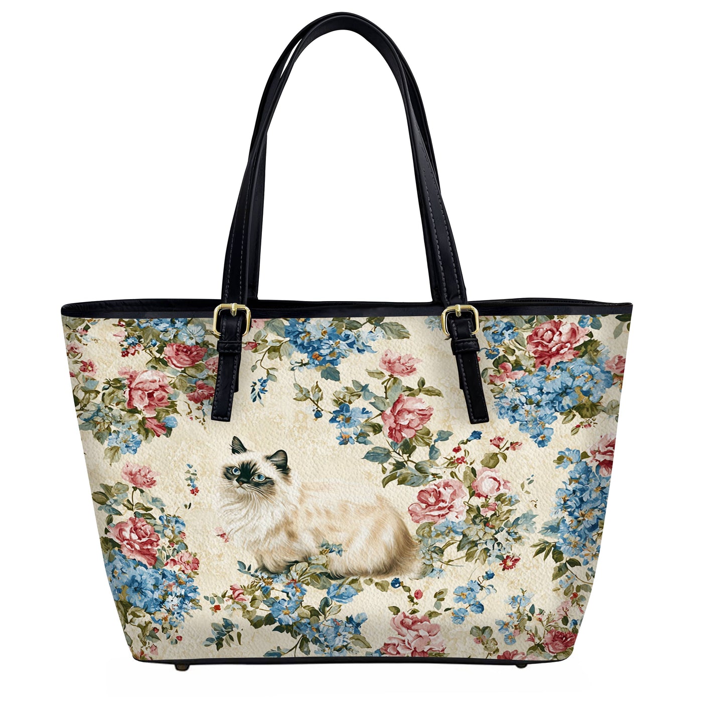 Lorva Cat Leather Tote Bag Vintage Floral Cat