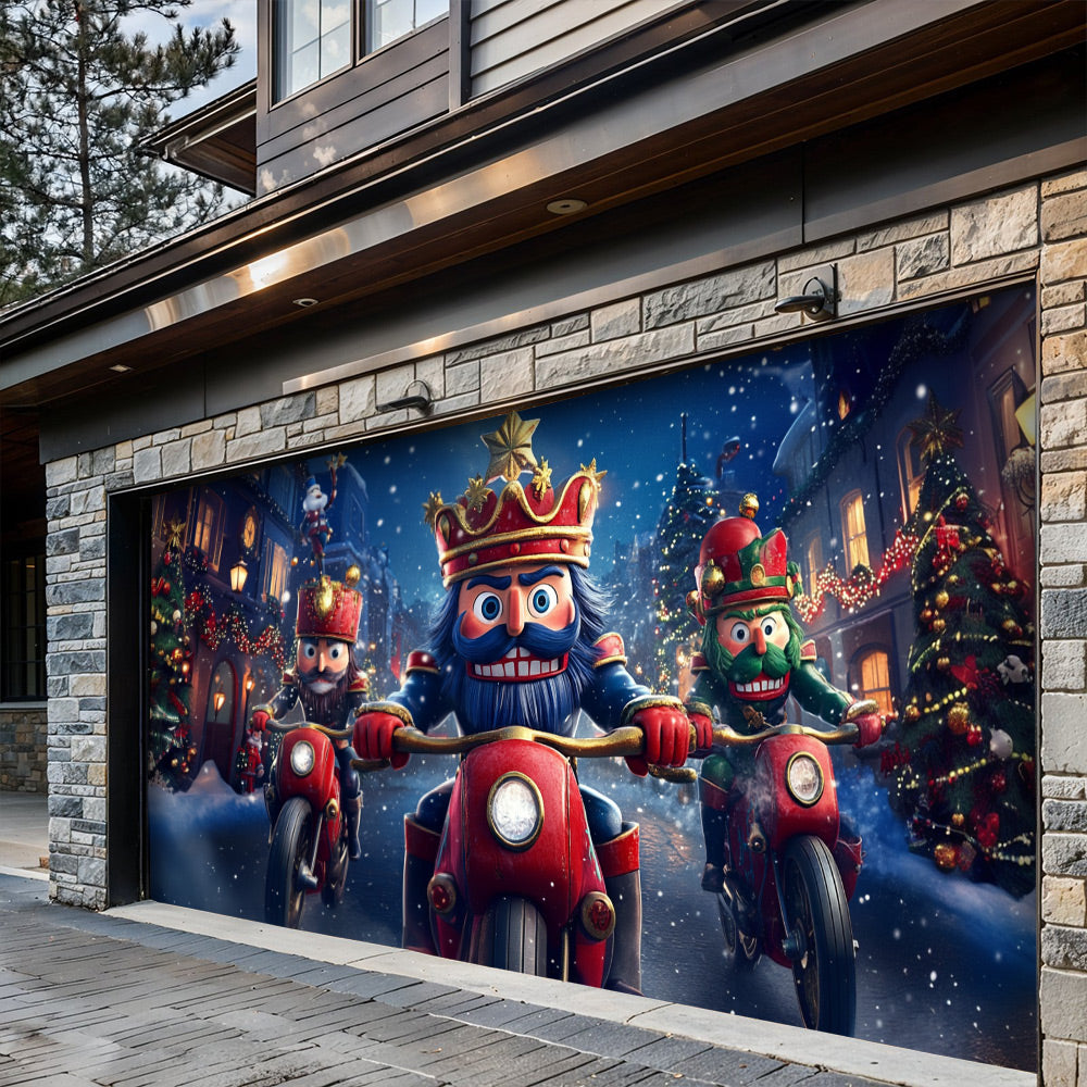 Lorva Christmas Garage Door Banner Decoration Funny Nutcracker Biker
