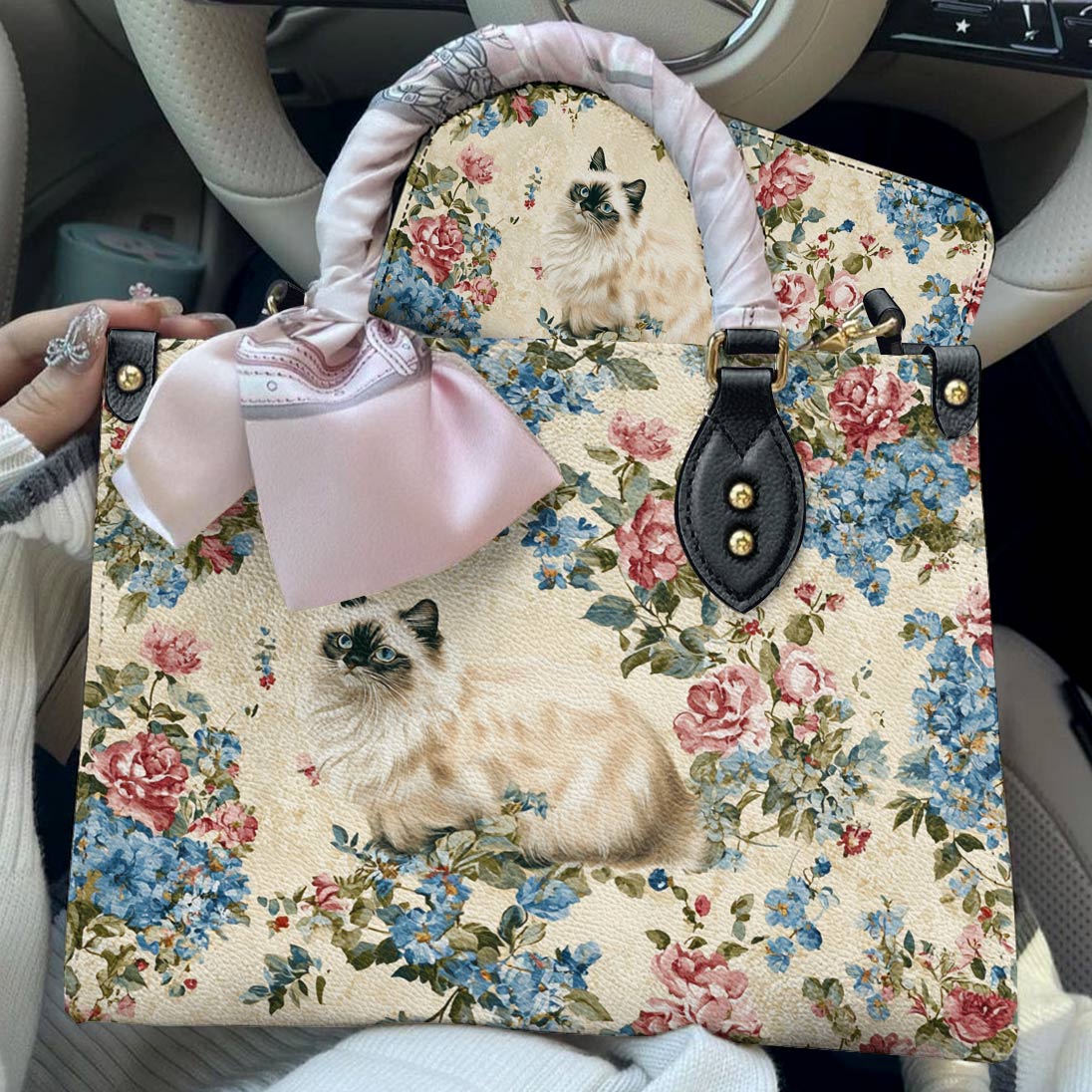 Lorva Cat Leather Bag Vintage Floral Cat
