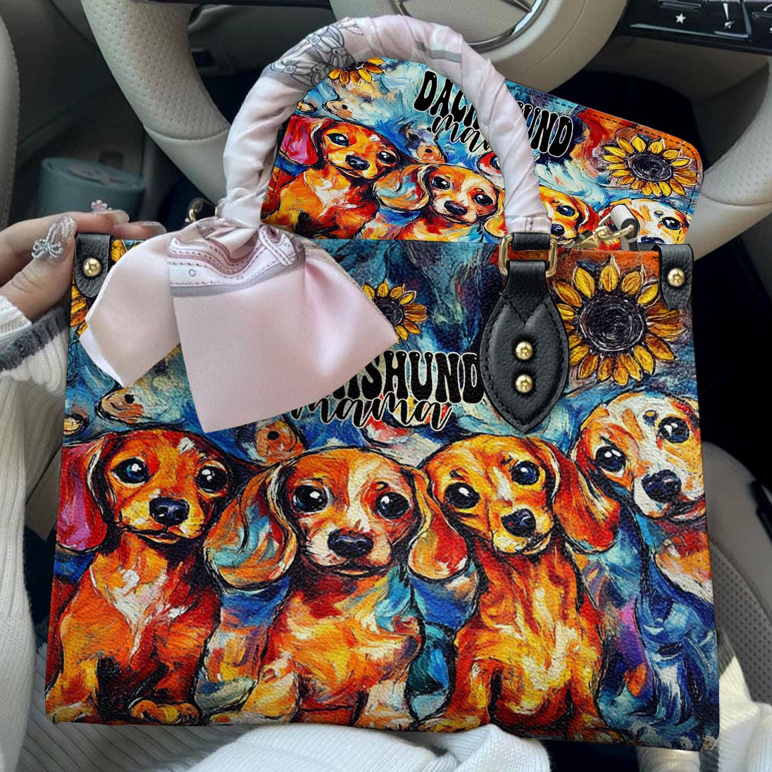 Lorva Dachshund Leather Bag Sunflower Dachshund Mama