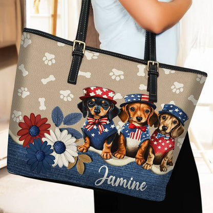 Lorva Dachshund Leather Tote Bag Personalized Happy Independence Day
