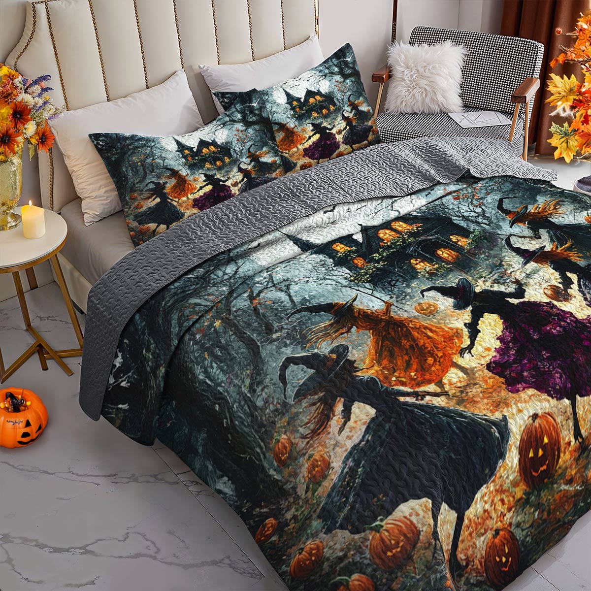 Halloween Lorva All Season Quilt 3-Piece Set Witches Playing In The Moonlight
