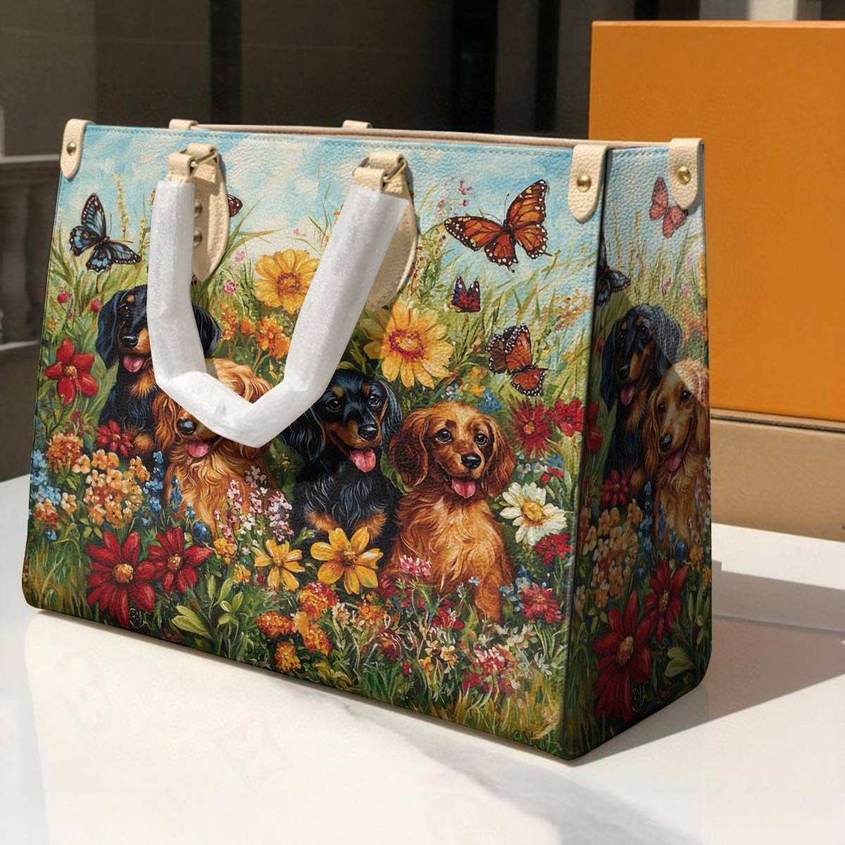 Lorva Leather Bag Beautiful Flowers Dachshund