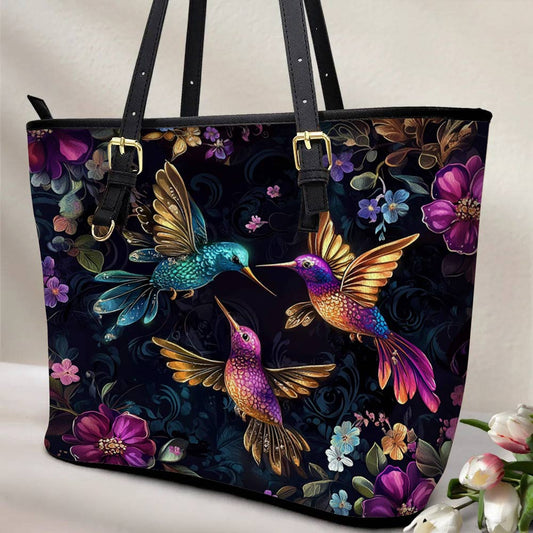 Lorva Hummingbird Leather Tote Bag Twilight Blooms