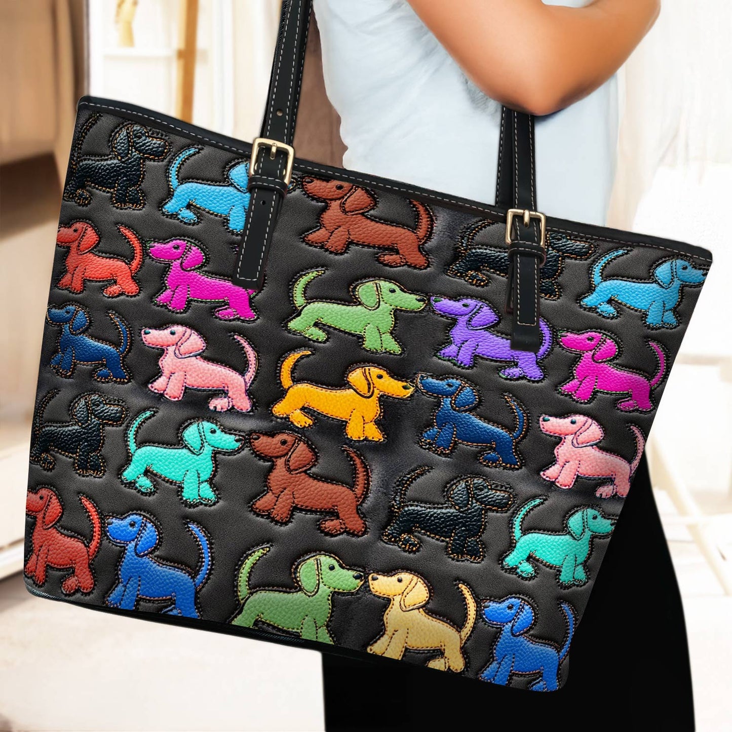 Lorva Dachshund Leather Tote Bag Colorful