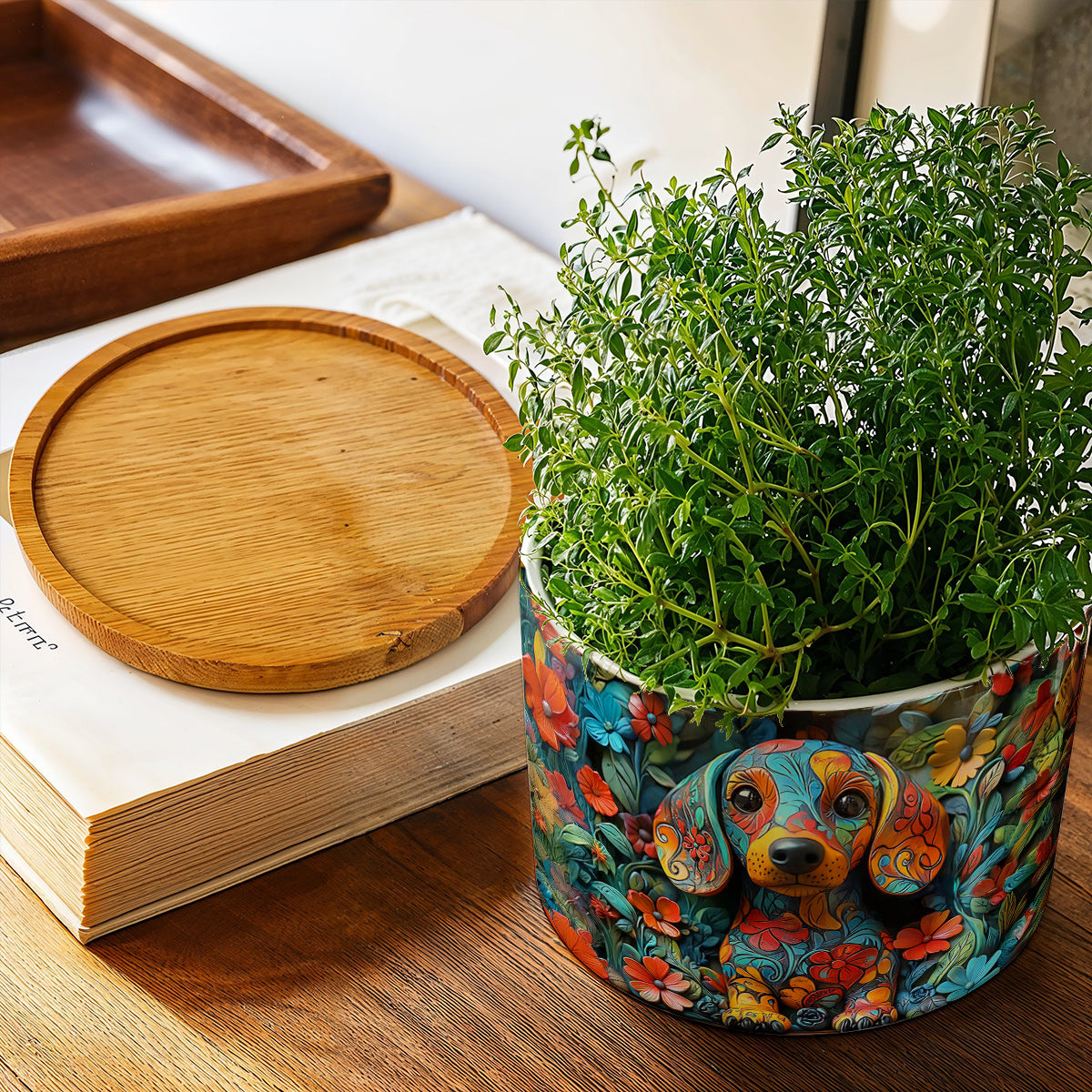Lorva Dachshund Flat Print Ceramic Plant Pot Charming Floral Dachshund
