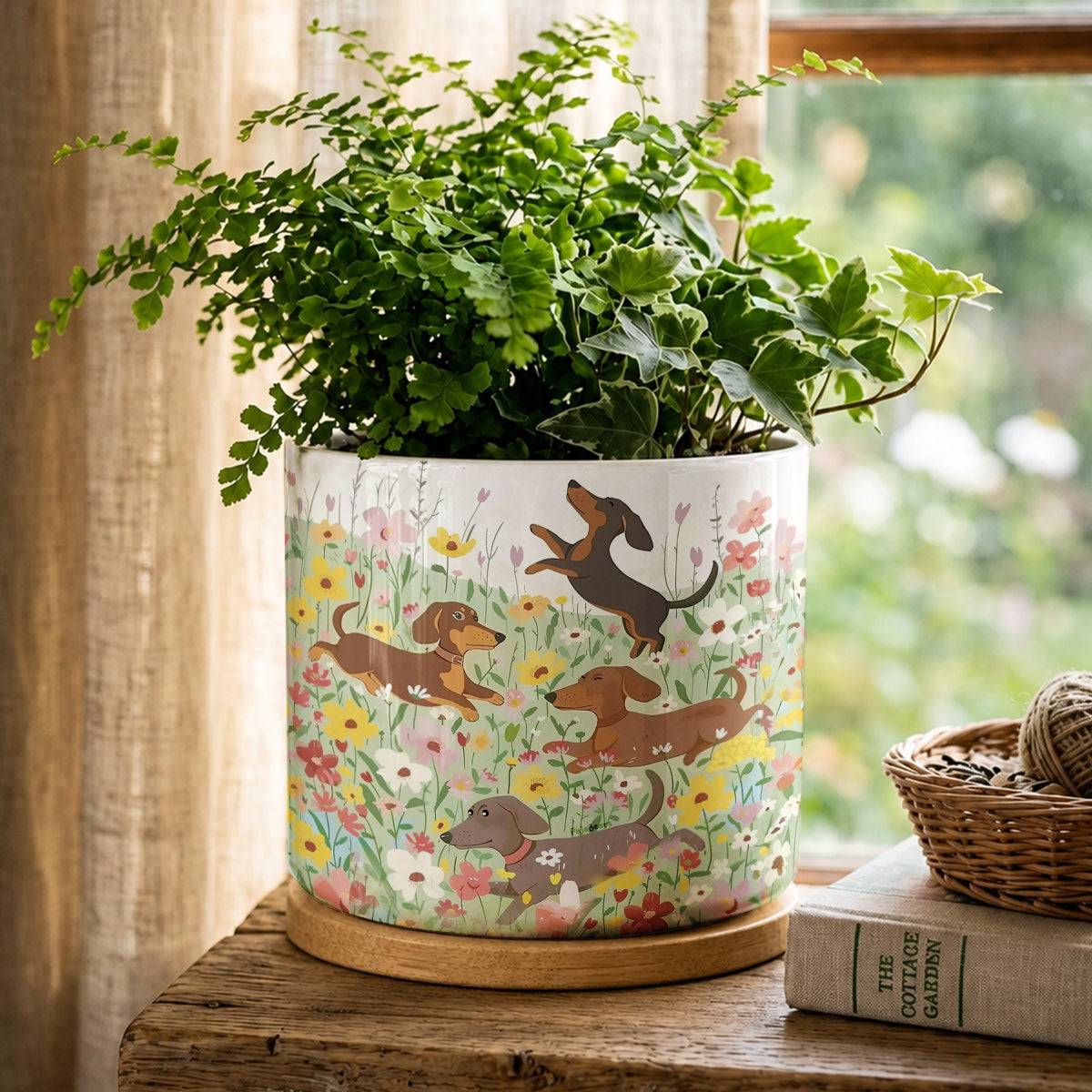 Lorva Dachshund Ceramic Plant Pot Happy Dachshunds In Flower Garden