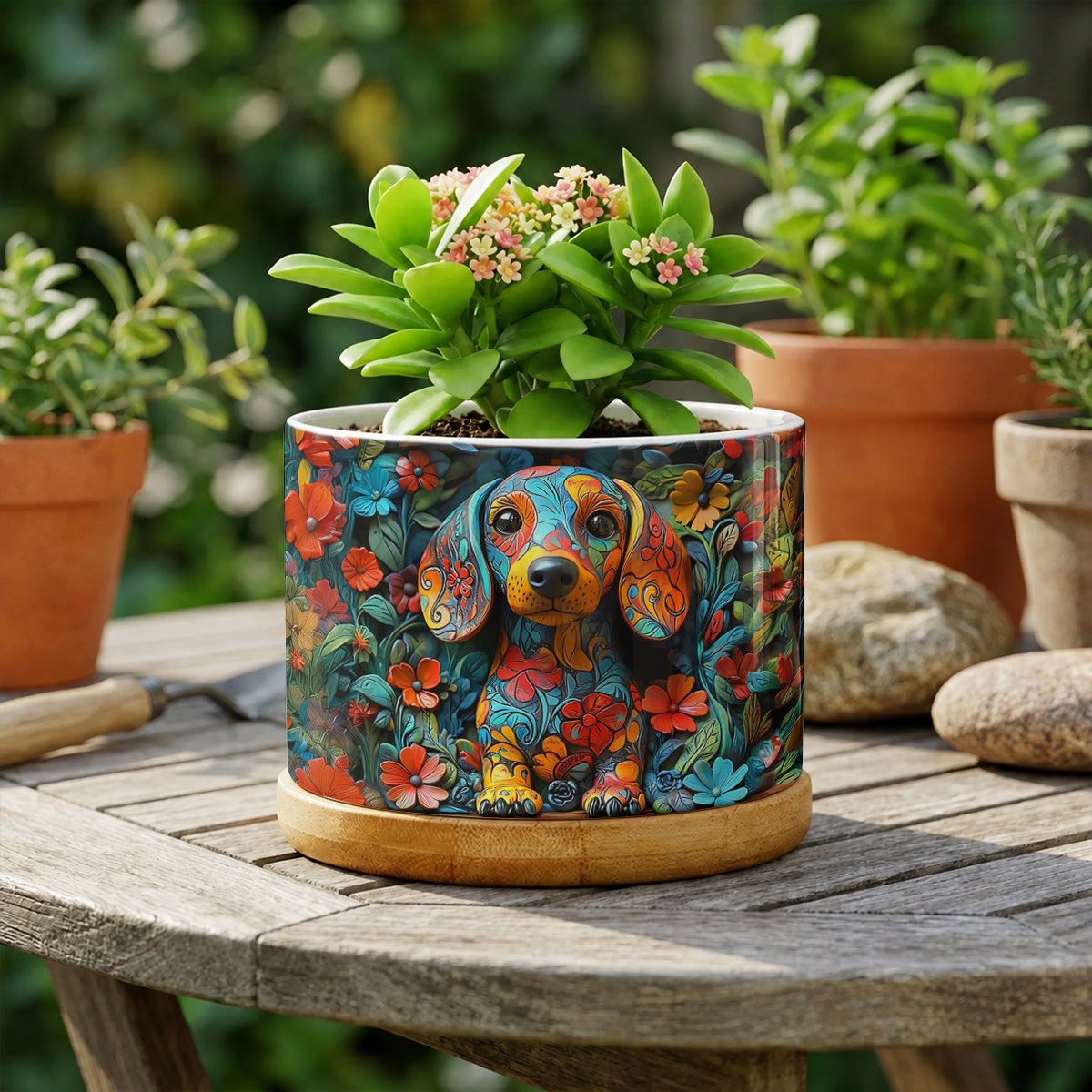 Lorva Dachshund Flat Print Ceramic Plant Pot Charming Floral Dachshund