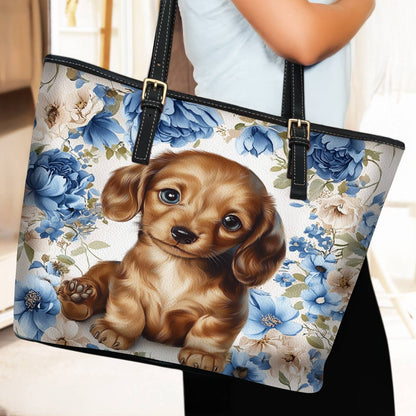 Lorva Dachshund Leather Tote Bag Cute Woof in Bloom