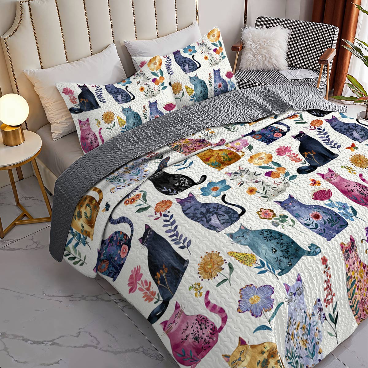 Lorva All Season Quilt 3-Piece Set Gentle Floral Cats