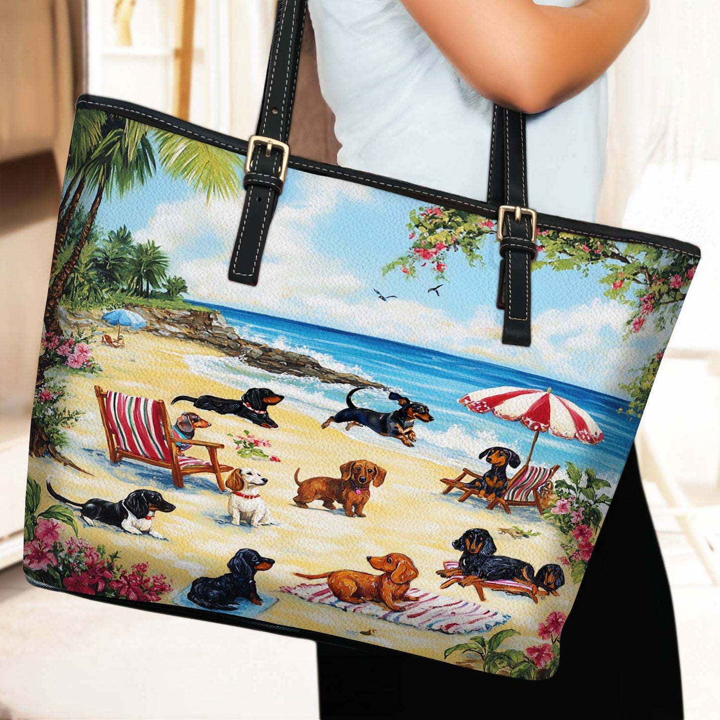 Lorva Dachshund Leather Tote Bag Dachshund Beach Party