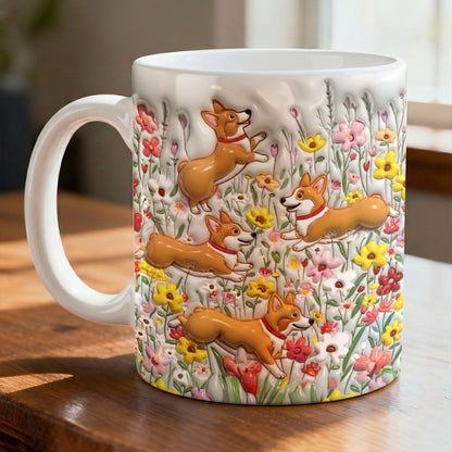 Lorva  Flat Print Mug Puffy Cute Corgi In Flower Garden