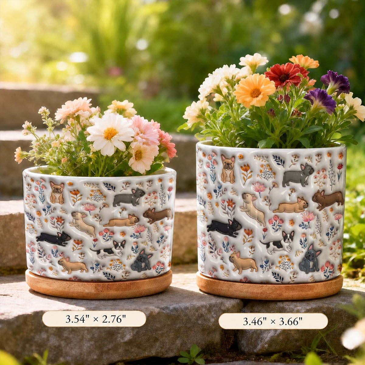 Lorva French Bulldog Flat Print Ceramic Plant Pot Happy Field Flowers