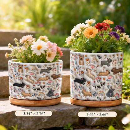 Lorva French Bulldog Flat Print Ceramic Plant Pot Happy Field Flowers