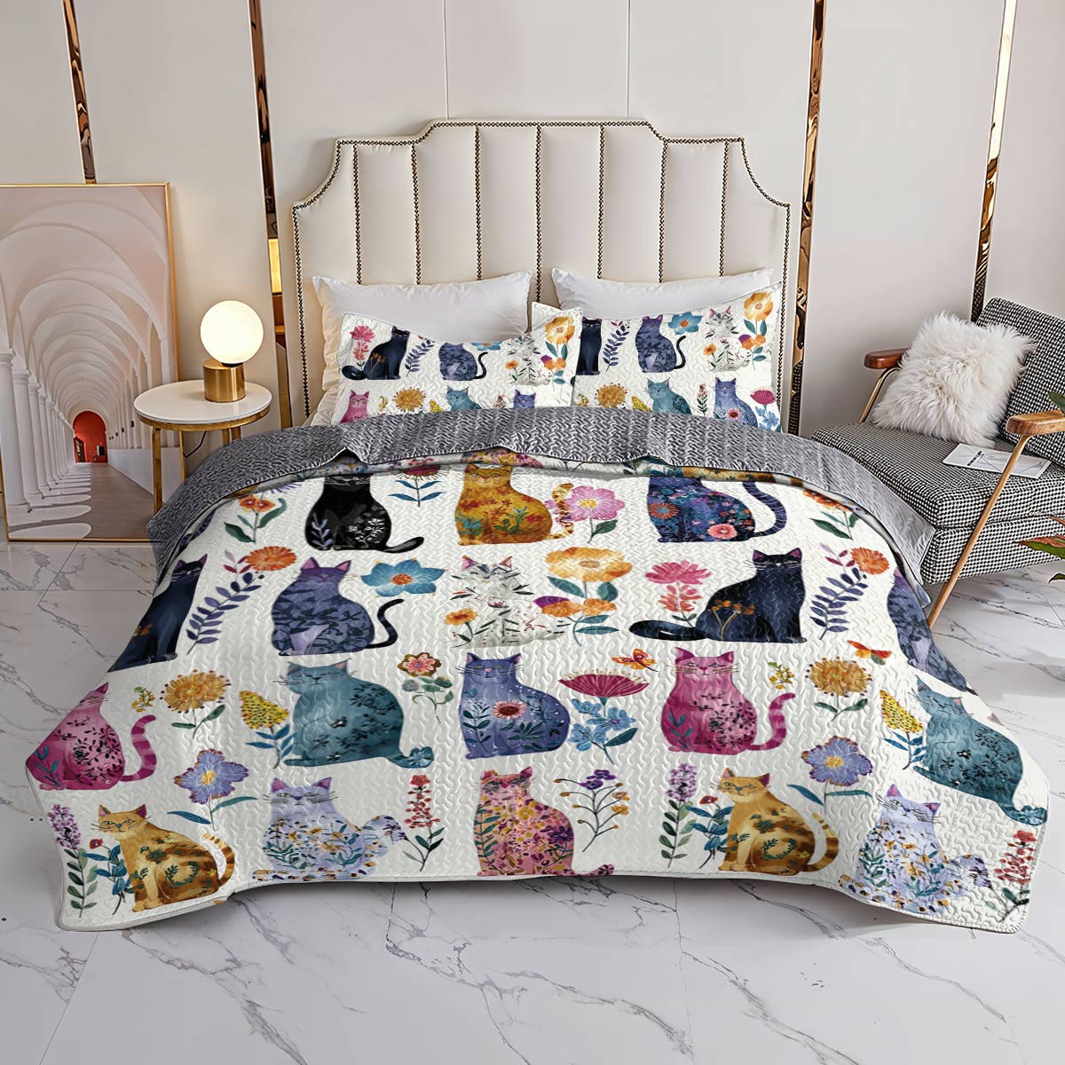 Lorva All Season Quilt 3-Piece Set Gentle Floral Cats