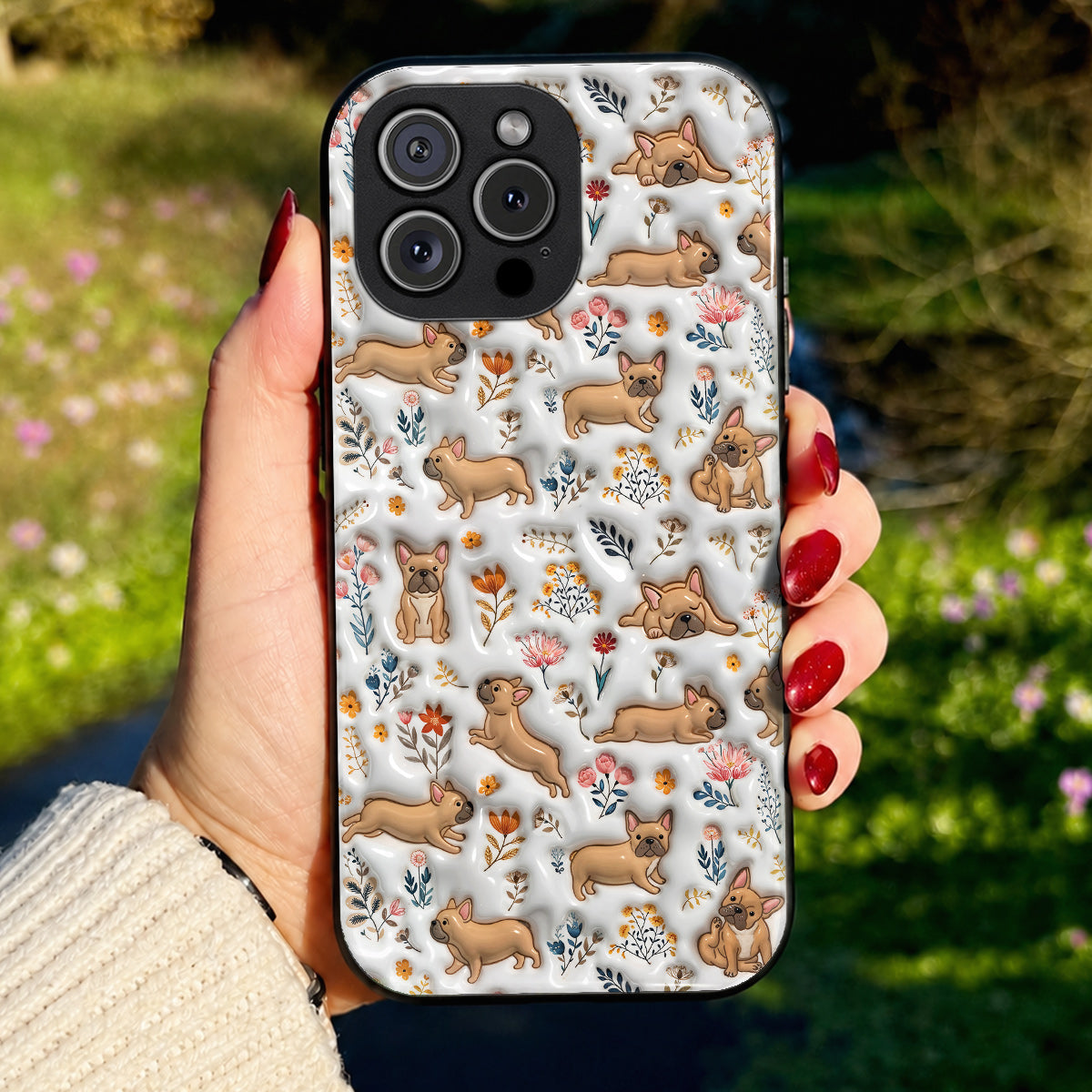 Lorva French Bulldog Flat Print Phone Case Happy Field Flowers