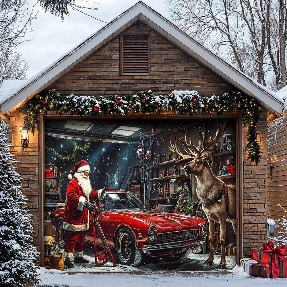 Lorva Christmas Garage Door Banner Decoration Santa's Merry Motorworks