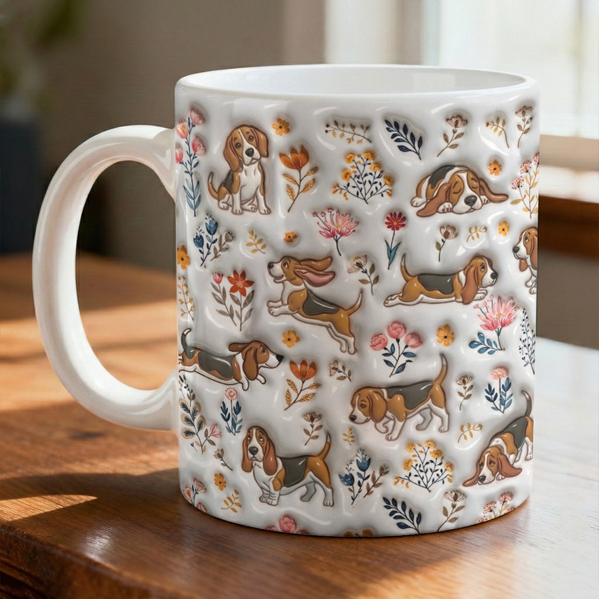 Lorva Basset Hound Flat Print Mug Happy Field Flowers