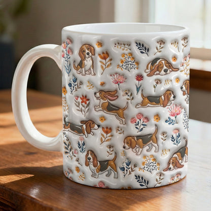 Lorva Basset Hound Flat Print Mug Happy Field Flowers