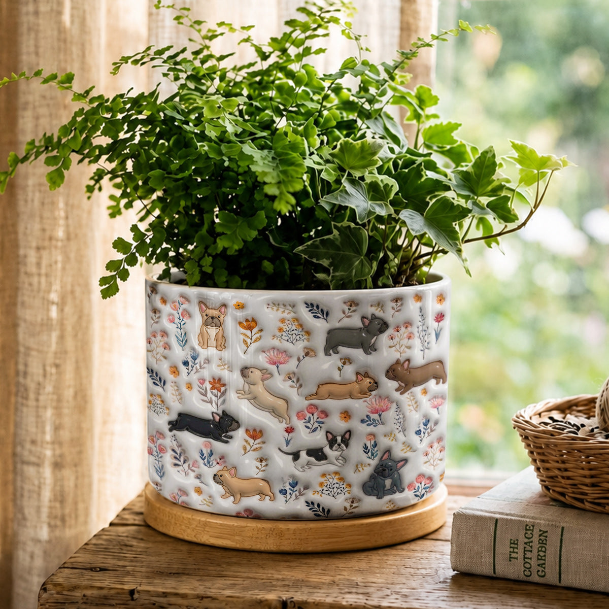 Lorva French Bulldog Flat Print Ceramic Plant Pot Happy Field Flowers