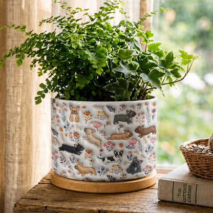Lorva French Bulldog Flat Print Ceramic Plant Pot Happy Field Flowers