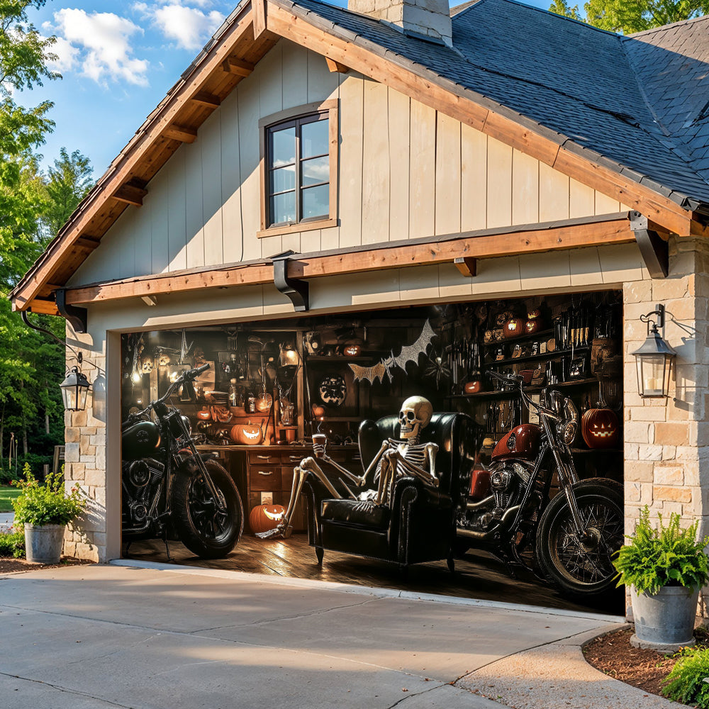 Lorva Halloween Garage Door Banner Decoration Spooky Skeleton Motorcycle Garage