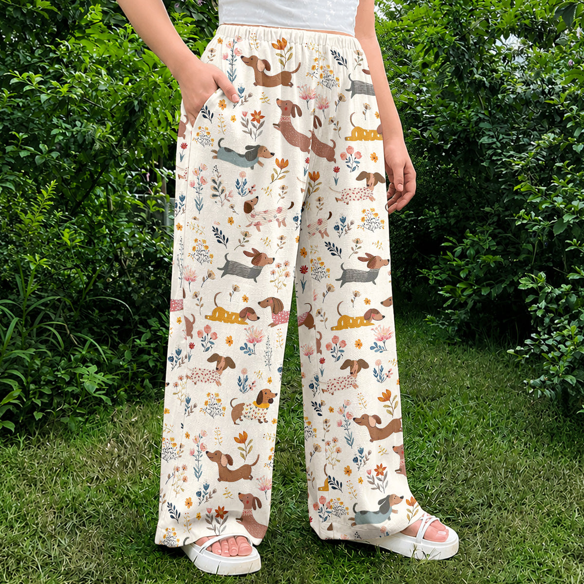 Lorva Dachshund Lounge Pants Happy Field Flowers