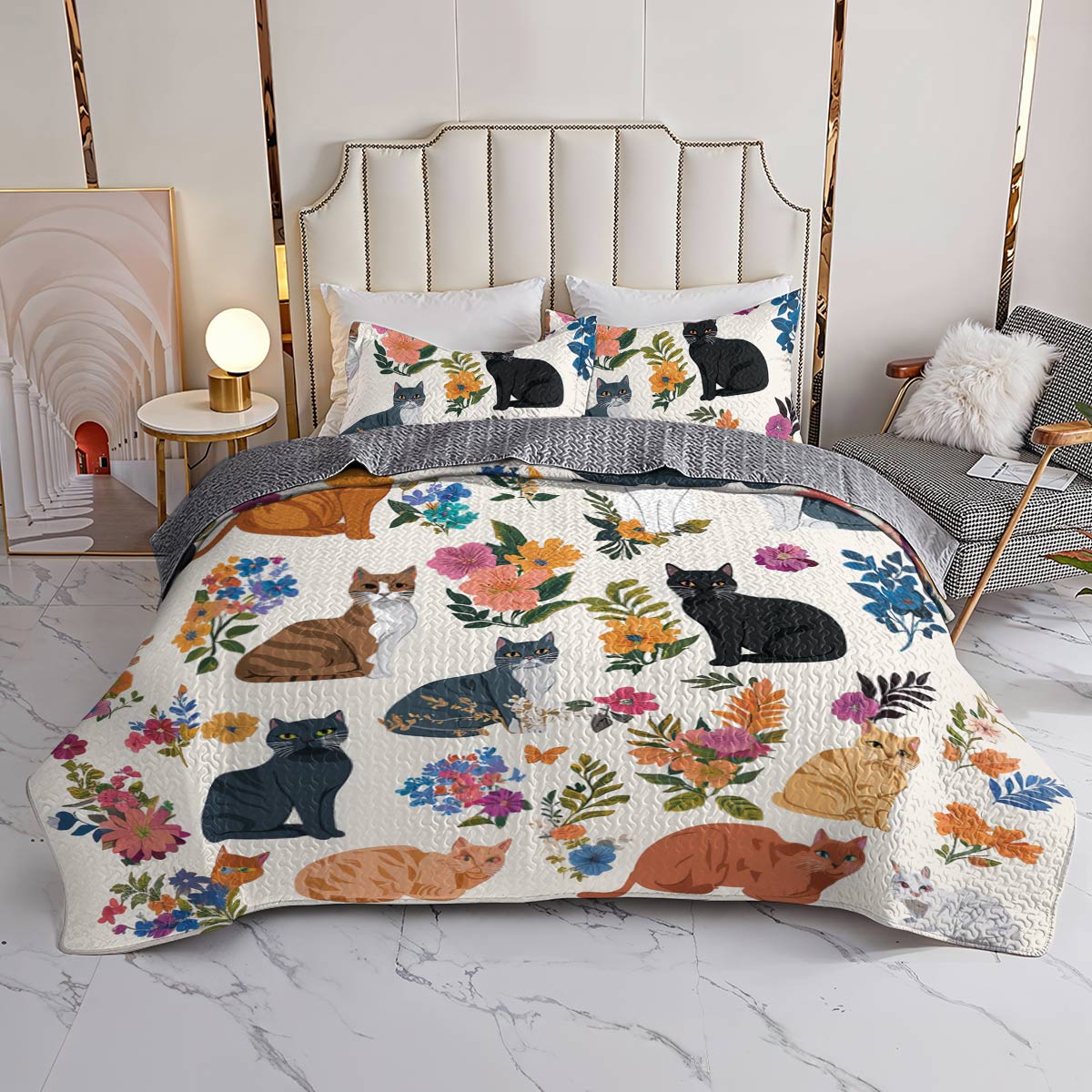 Cat Lorva All Season Quilt 3-Piece Set Whimsical Floral Cats