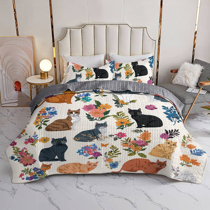 Cat Lorva All Season Quilt 3-Piece Set Whimsical Floral Cats