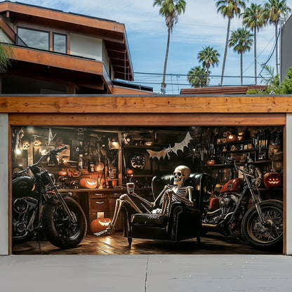 Lorva Halloween Garage Door Banner Decoration Spooky Skeleton Motorcycle Garage
