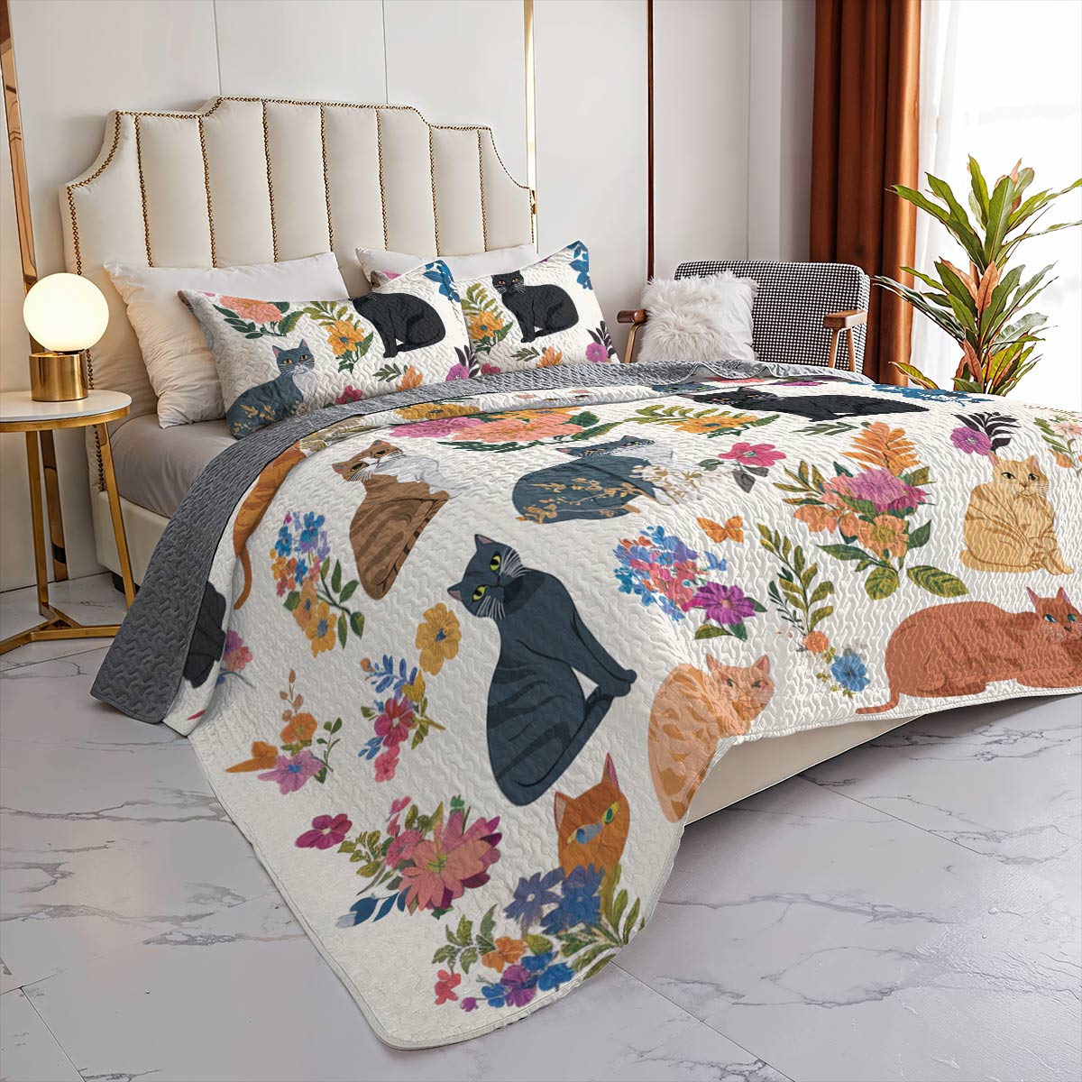 Cat Lorva All Season Quilt 3-Piece Set Whimsical Floral Cats