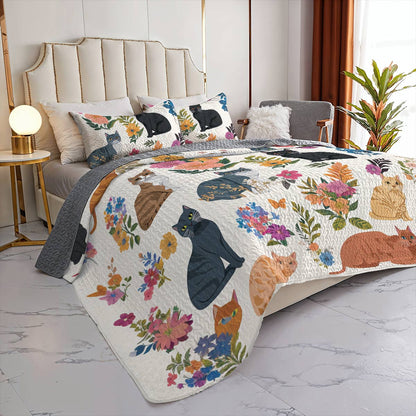Cat Lorva All Season Quilt 3-Piece Set Whimsical Floral Cats
