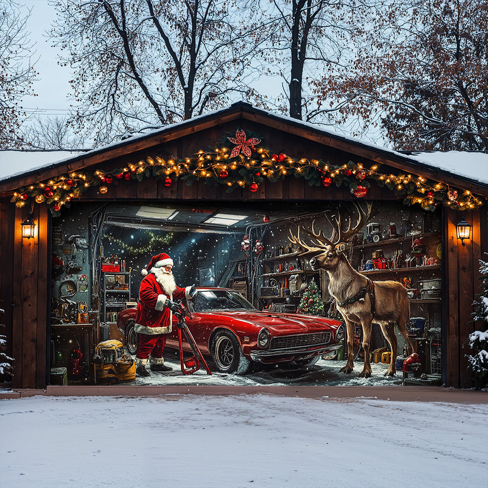 Lorva Christmas Garage Door Banner Decoration Santa's Merry Motorworks