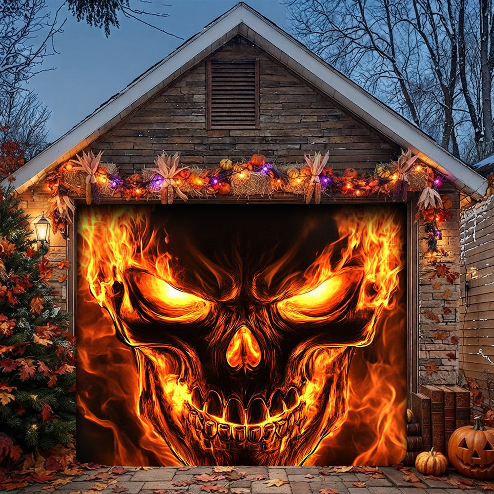 Lorva Halloween Garage Door Banner Decoration Flaming Skull
