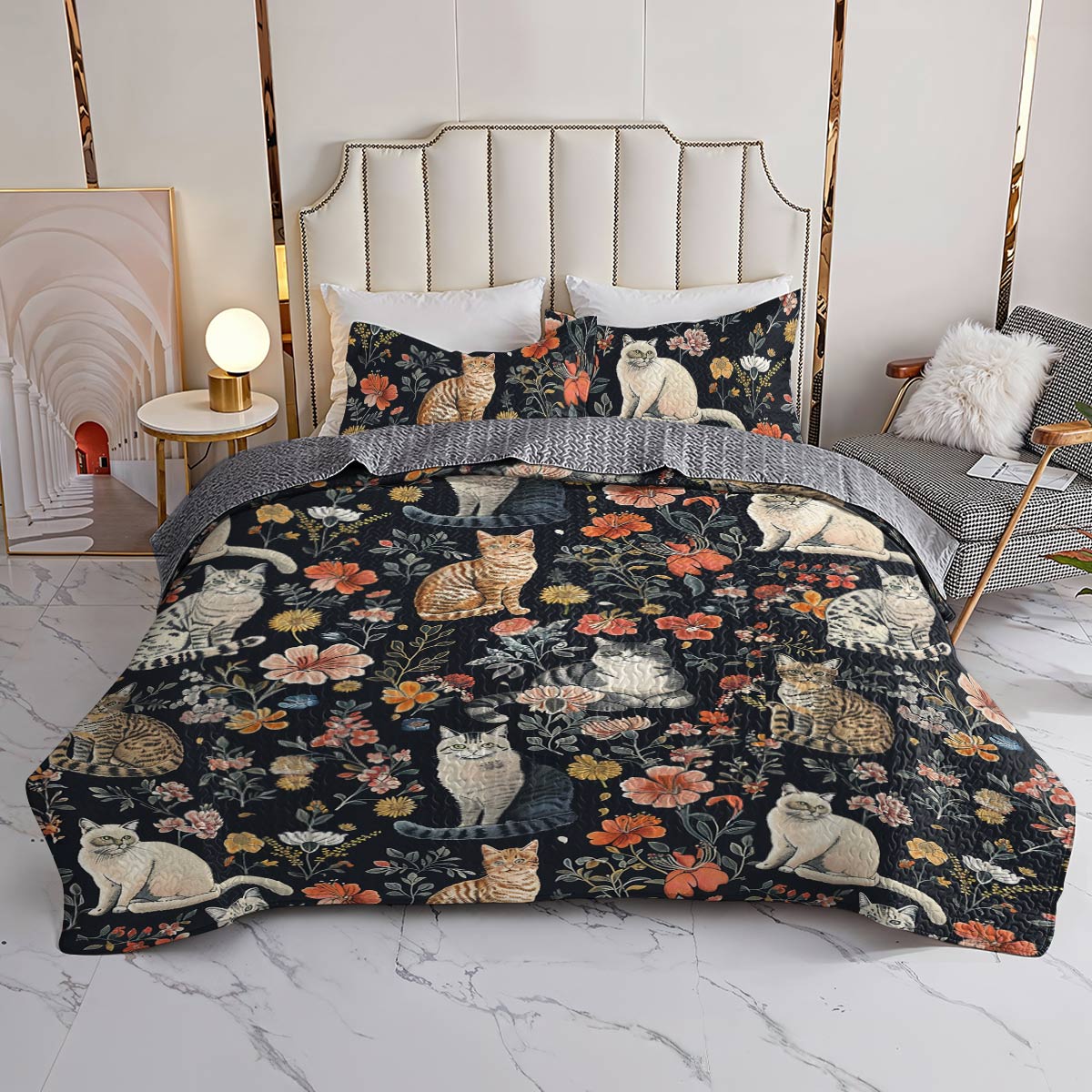 Lorva Cat All Season Quilt 3-Piece Set Vintage Floral Cats