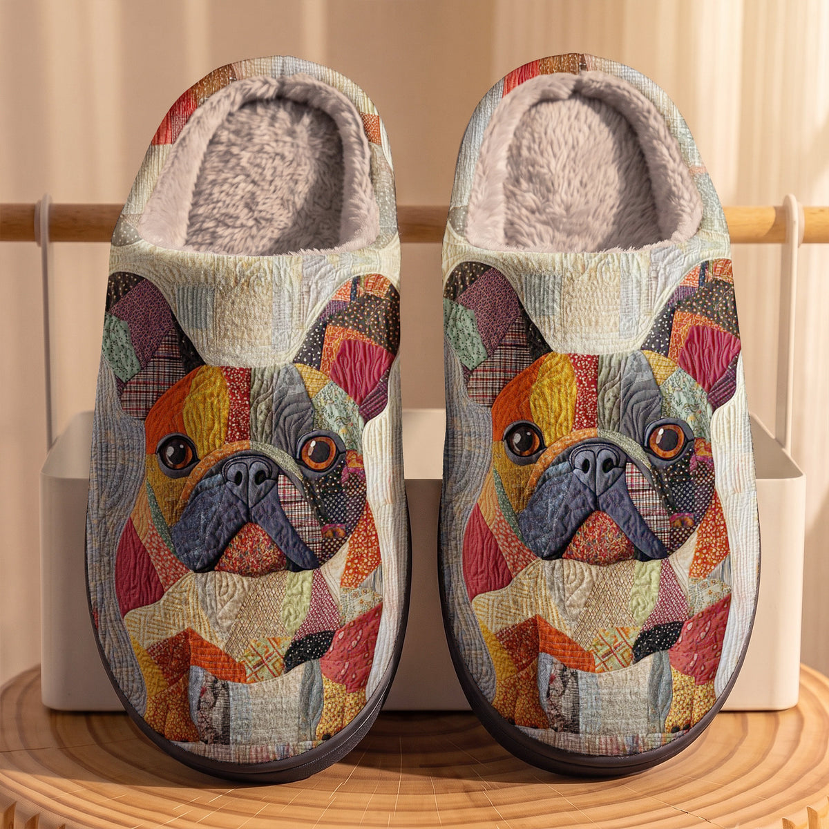 Lorva French Bulldog Fleece Lined Slippers Colorful Patchwork