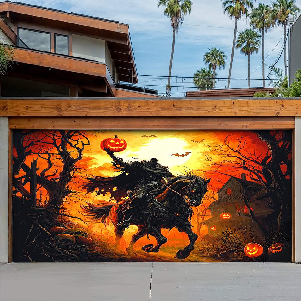 Lorva Halloween Garage Door Banner Decoration Headless Horseman’s Halloween Ride