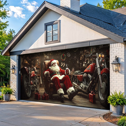 Lorva Chistmas Garage Door Banner Decoration Santa’s Biker Workshop