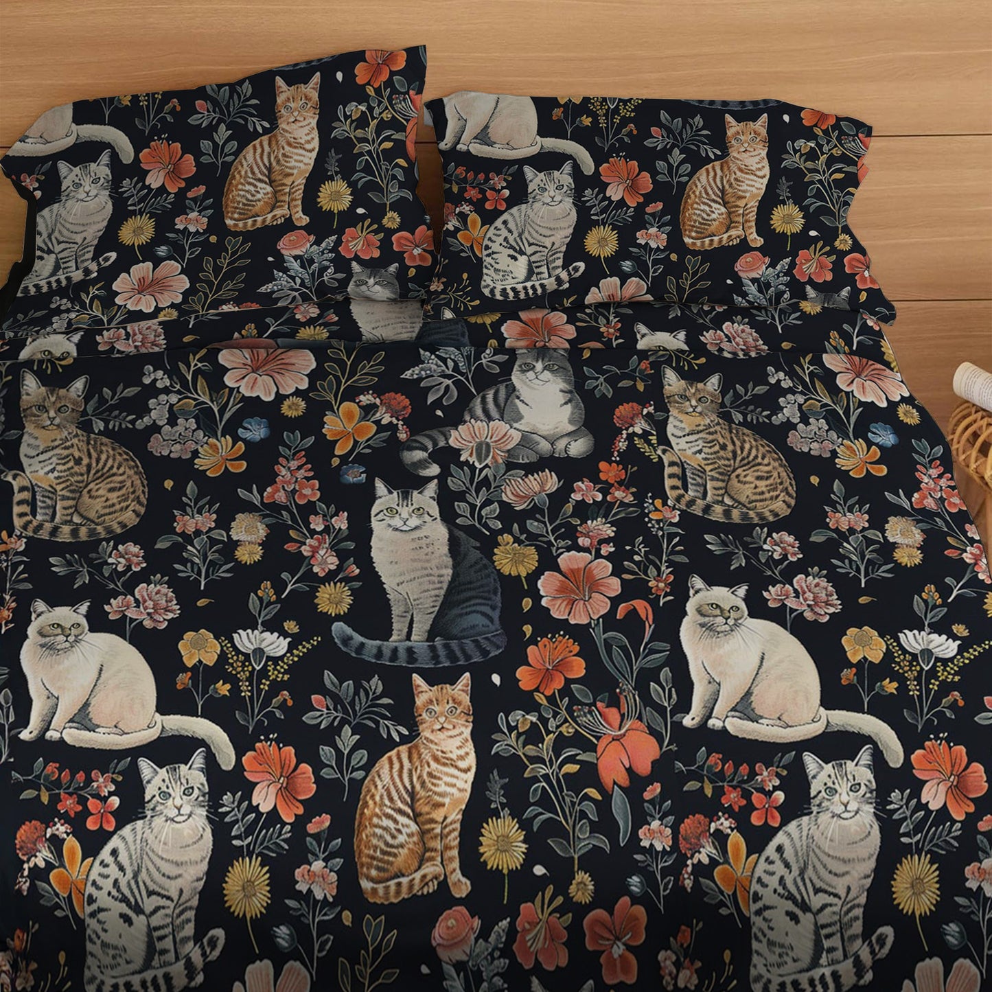 Lorva 4-Piece Bed Sheet Set Vintage Floral Cats