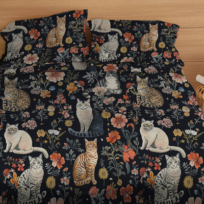 Lorva 4-Piece Bed Sheet Set Vintage Floral Cats