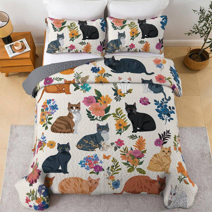Cat Lorva All Season Quilt 3-Piece Set Whimsical Floral Cats